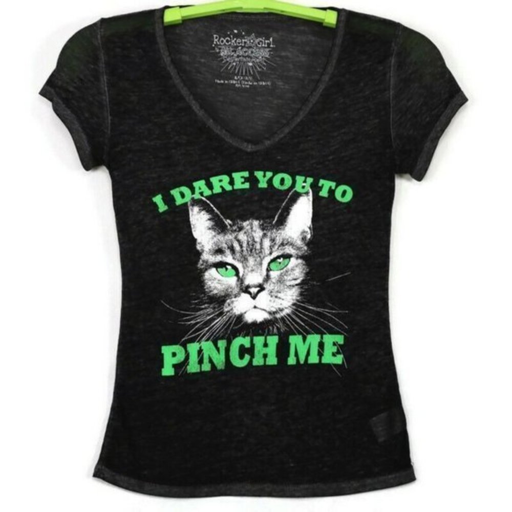 Rocker Girl Cat T-Shirt Shirt I Dare You To Pinch Me Black‎ S Small 3 5